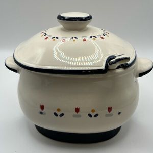 Vintage mid century hand painted ceramic soup tureen for two